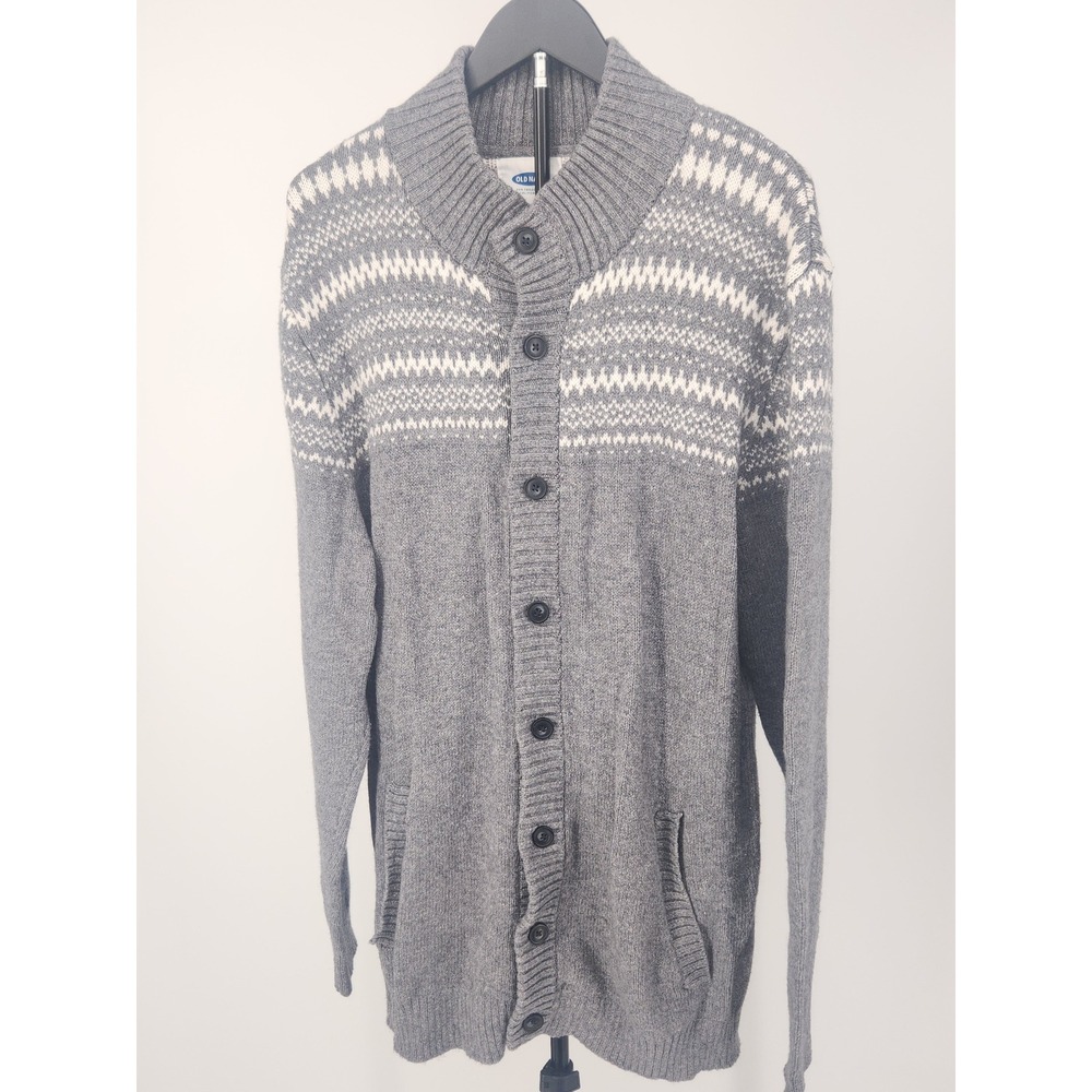 Old Navy Mens XXL Gray Fair Isle Shawl Collar Button Front Cardigan Sweater